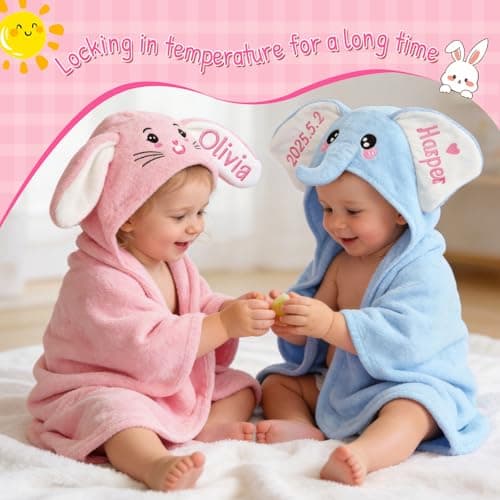 Individz Custom Hooded Bath Towel with Name, Personalized Highly Absorbent Bunny Towels, Baby Bath Towels for Girls Boys, Brithday Easter Gifts for Baby, Toddler, Newborn, Infant (Pink) - Thumbnail 4