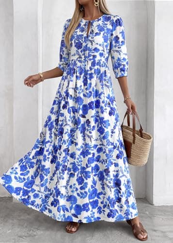 KIRUNDO Summer Dresses for Women 2026 Spring Wedding Guest Boho Floral 3/4 Sleeve Beach Vacation Cruise Flowy Maxi Dress(Blue, Small) - Thumbnail 2