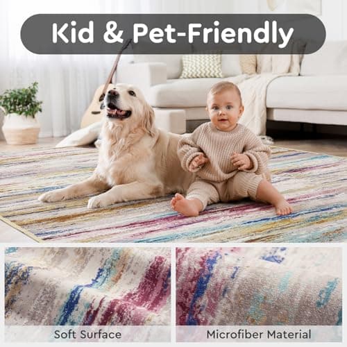 tchdio 6x9 Area Rugs for Living Room, Colorful Modern Abstract Area Rug, Washable Kids Rugs for Playroom, Non Slip Soft Nursery Rug, Stain Resistant Large Carpet for Bedroom, Multi Color - Thumbnail 4