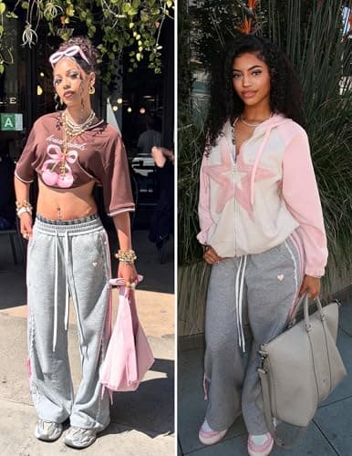 Aelfric Eden Lace Stripe Patchwork Sweatpants Casual Baggy Pant for Women Wide Leg Elastic Drawstring Trousers Grey Medium - Thumbnail 6