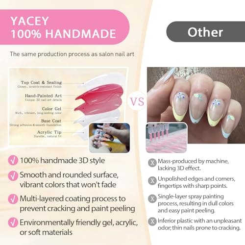Yacey Handmade Press On Nails – Medium Coffin False Nails for Women, Reusable Acrylic French Tip with Pearl & 3D Buttterfly Cat Eye Design – Salon Quality Fake Nails (10PCS, S） - Thumbnail 4
