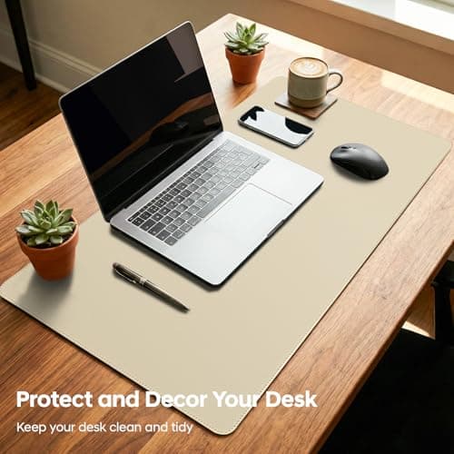 Yuwiiuuo Leather Desk Pad Protector, Office Desk Mat, Large Mouse Pad, Non-Slip PU Leather Desk Blotter, Waterproof Computer Desk Writing Pad for Office and Home (Beige, 23.6" x 13.7") - Thumbnail 2