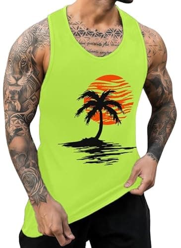 Mens Casual Summer Tank Tops Tropical Plants Graphic Crewneck Sleeveless Shirts Workout Gym Muscle Tops Beach Hawaii Vacation Fluorescein Palm Tree, M - Image 1