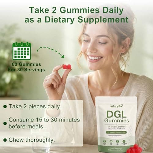 INFNTVITA DGL Licorice Root Gummies 400mg – Deglycyrrhizinated Licorice Extract for Stomach & Gut Support – Digestive Comfort & Acid Relief Support – Vegan, Gluten Free, Berry Flavor – 60 Gummies - Thumbnail 6