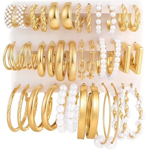 18 Pairs Gold Hoop Earrings Set for Women, Hypoallergenic Pearl Twisted Statement Hoop Earrings Pack, Trendy Jewelry Set for Women Gifts - Image 1