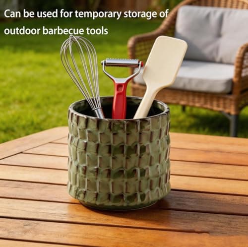 Utensil Crock Kitchen Utensil Holder, 5 Inches Small Ceramic Utensil Holder for Countertop, Unique Embossed Checkered Pattern, Seaweed Green Cooking Utensil Crocks for Kitchen, Home Decor Gift - Thumbnail 6