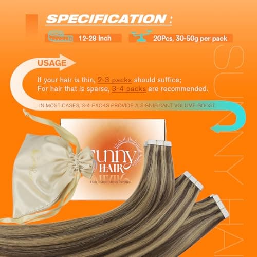Sunny Hair Tape in Hair Extensions Human Hair 14 Inch Remy Hair Extensions Tape ins for Women Dark Brown Highlight Caramel Blonde Hair Extensions Real Human Hair Tape Ins 20Pcs 50g - Thumbnail 5