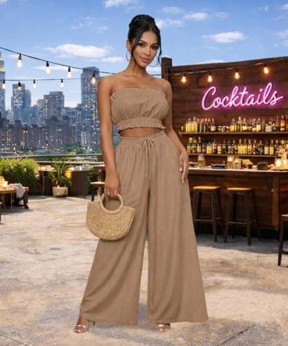ABKY Two Piece Sets for Women Going Out Summer Off Shoulder Tube Top Palazzo Pants Set Vacation Birthday Party Date Night Outfits Khak L - Thumbnail 4