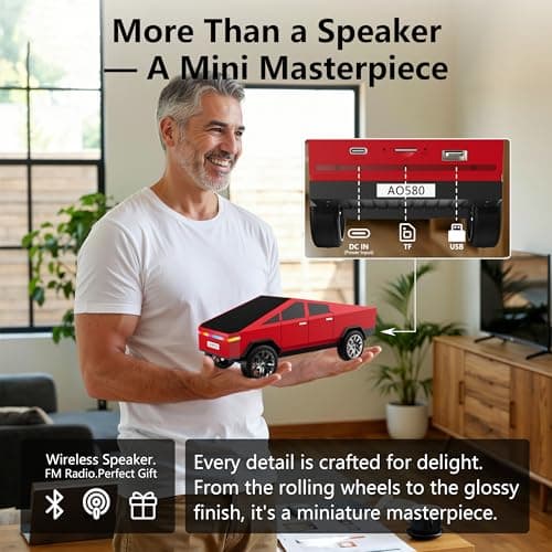 AONOX Cybertruck Bluetooth Speaker for Car, Mini Wireless Speaker with LED Lights, FM Radio, USB/TF Card, TWS Stereo, Desk Gaming Outdoor Use, Gift for Car Lovers - Thumbnail 6