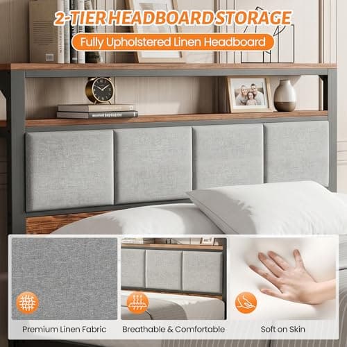 BOVONO Full Size Bed Frame with 2 Storage Drawers and Charging Station, Metal Platform Bed with 2-Layer Open Shelves, Bed Frames with Large Under Bed Storage, No Box Spring Needed Without Noise, Grey - Thumbnail 5