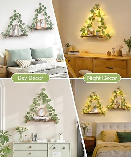 Macrame Hanging Shelf for Wall Decoration with Eucalyptus Lighted Garland,2 Pack Boho Hanging Shelves&Greenery Eucalyptus Garland with Lights for Bedroom Living Room Boho Wall Décor, Wedding Décor - Thumbnail 5