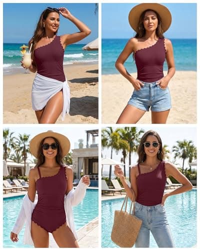 Charmo Bathing Suits One Piece Modest Swimsuit for Women One Shoulder Womens Ribbed Swim Suit Scalloped Full Coverage Burgundy XXL - Thumbnail 5