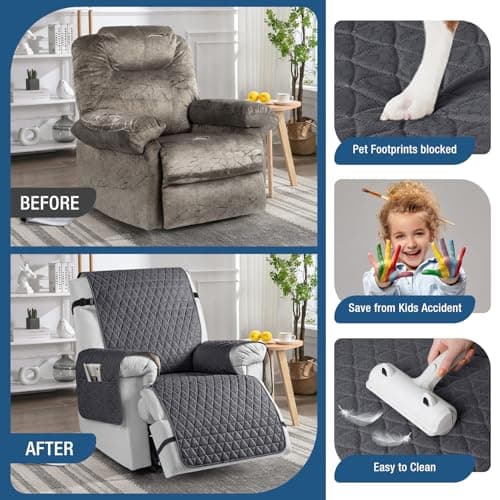 TAOCOCO 100% Waterproof Recliner Chair Covers, Non Slip Recliner Covers that Stay in Place, One-Piece Washable Reclining Chair Cover with Elastic Straps, Black Grey, Fits 25" Seat Width - Thumbnail 4