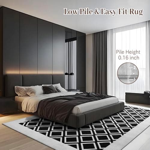 Washable Rug 8x10 – Soft Textured Area Rug with Non-Slip Backing, Modern Luxury Checkered Design, Machine Washable Carpet Perfect for Living Room, Bedroom, and Dining Room, Black - Thumbnail 5