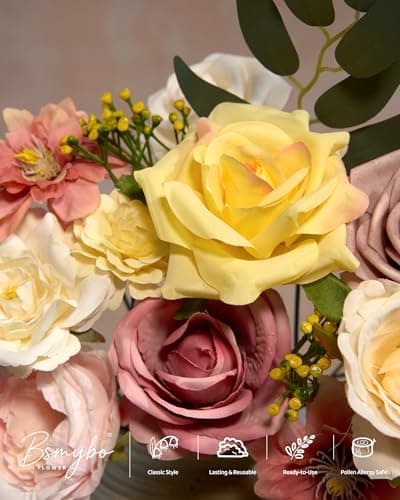 BSMYBO Artificial Flowers Combo Pink Yellow Silk Flowers Mix Fake Rose Peony Chrysanthemum with Stem for Wedding Bridal Bouquets Baby Shower Cake Floral Arrangement Table Centerpieces Home Decor - Thumbnail 3