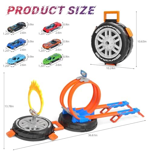 Toy Car Race Track Set for Kids Ages 4-8, Stunt Tire-Shaped Case Transforms into Race Course, 6 Cars in 1:64 Scale, 2 Ways to Play, Action Loop Cyclone Challenge & Speed Snap Track - Thumbnail 4