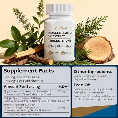 Vita Spark Turkesterone Muscle Leaner - 20:1 Extract 16,000mg with Tongkat Ali & Fadogia Agrestis, High Potency Men's Supplement for Performance, Energy, Vitality, Stamina & Strength |120 Capsules - Thumbnail 2