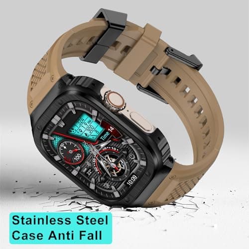 Deczone Band with Stainless Steel Case Compatible with Apple Watch Series Ultra 1 2 3 49mm Band, iwatch Bands Rugged Metal Protective Cover for Men (Tan) - Thumbnail 3