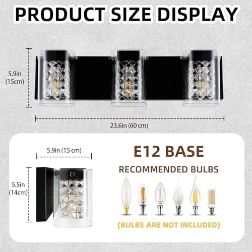 TYhogar Modern Crystal Bathroom Light Fixtures, 3-Light Black Vanity Lights with Clear Shades, Bathroom Lighting Fixtures Over Mirror Wall Light for Living Room, Decoration,Bedroom（Exclude Bulb） - Thumbnail 5