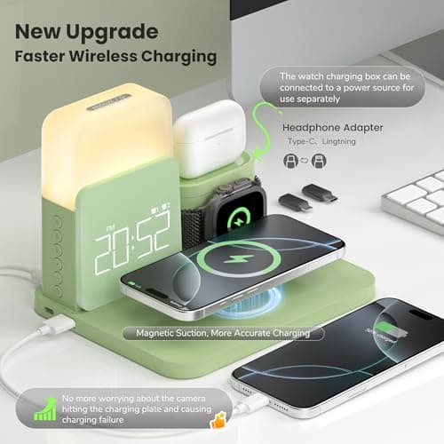 Wireless Charging Station, 7 in 1 Wireless Charger Stand with Dual Alarm Clock, Charging Dock for iPhone 17/16/15/14/13/12/11/Pro/Max/Samsung Phone, Apple Watch 10/9/8/7/6/5/SE, AirPods 4/3/2 - Thumbnail 2