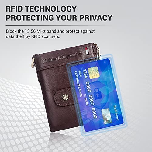 gzcz Chain Wallets for Men with Zipper Genuine Leather Bifold Rfid Blocking Card Holder Coin Pocket Wallet - Thumbnail 3