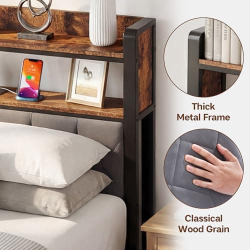 BOVONO Queen Bed Frame with Charging Station, Upholstered Headboard, Metal Platform Bed Frames with 2-Tier Open Shelves, No Box Spring Needed, No-Noise, Grey, Bedroom Furniture Gift - Thumbnail 4