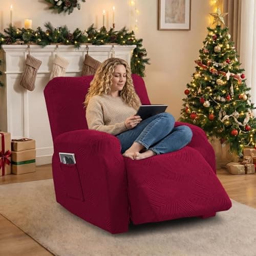 Cushonix Oversized Recliner Chair Covers,4-Piece Stretch Geometric Strokes Jacquard Reclining Chair Slipcovers,Furniture Protector with Side Pocket,Soft Breathable Couch Cover,Wine Red - Thumbnail 5