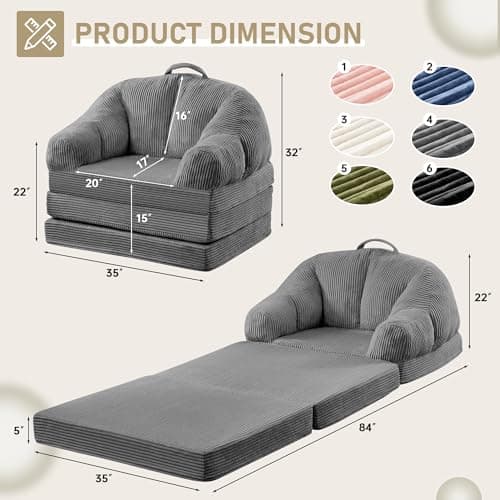 wanan 3-in-1 Folding Sofa Bed, Convertible Boneless Chair to Floor Lounger with Back Support & Portable Handle, Comfy Couch for Small Spaces Living Room Bedroom, Grey - Thumbnail 3