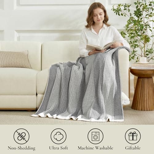 Amélie Home Premium Chenille Throw Blanket, Soft Cozy Luxury Two-Tone Knit Blanket for Couch, Sofa, Chair, Home Decor, Grey & Ivory 50"x60" - Thumbnail 6