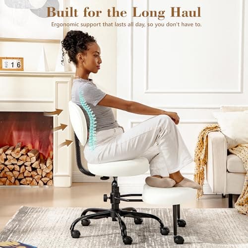 AtHope Ergonomic Cross Legged Office Chair with Wheels - Adjustable Height for Meditation, ADHD Desk & Yoga - Wide Criss Cross Design with Lumbar Support, Kneeling Chair - White - Thumbnail 5