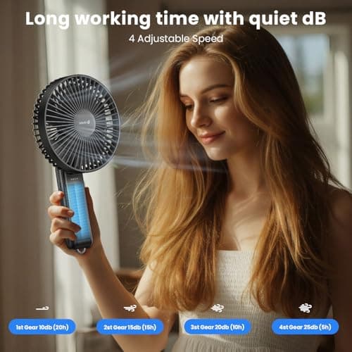 WSKEN Desk Fan Small Quiet - 180° Foldable Portable Fan with Battery Operated, 6 Inch Rechargeable Handheld Fan, 20H Max Cooling Time, 4-Speed, Travel Essential for Outdoor, Office, Gift, Black - Thumbnail 4