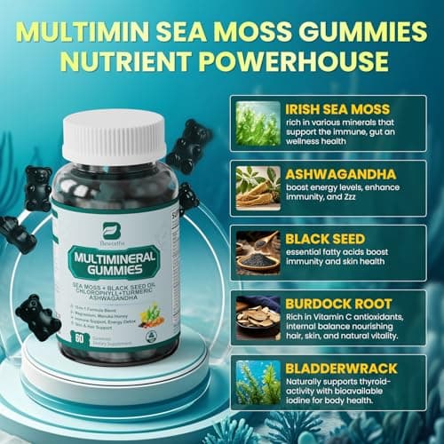 Sea Moss Gummies with Ashwagandha & Chlorophyll, Immune, Digestive and Gut Detox Support, Powered by Black Seed Oil, Vitamin C, Vitamin D & Magnesium, GMO, Vegan, Apple Flavor, 120 SeaMoss Gummies - Thumbnail 2