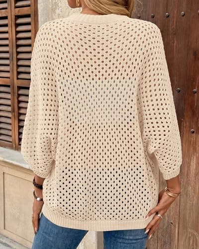 KIRUNDO Crochet Tops for Women Summer Batwing Sleeve Beach Sweater Lightweight Knit Cover Up Shirts Cruise Vacation Outfits(Beige, XX-Large) - Thumbnail 6