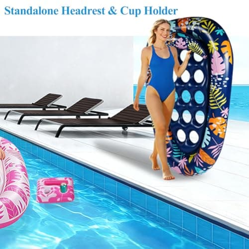 VIWUHUG 2 Pack Blue Giant Inflatable Pool Floats 78x55 Inches Pool Floats Adult Mat with Headrest & Cup Holder Lake Float Raft Water Lounger Multi-Use Swimming Floaty for Party Beach Outdoor - Thumbnail 6