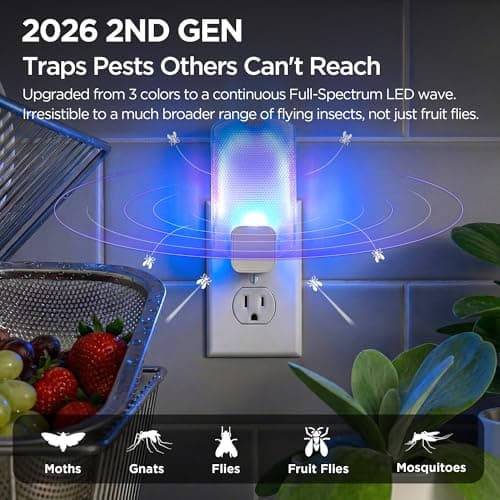 Fruit Fly Traps for Indoors(1 Device+5 Refills) for Fruit Flies, Gnats, Flying Insects, Moths, Bugs, Fungus, 3-in-1 UV/Blue/Yellow Light Plug-in Gnat Traps, No-Mess Bug Zapper, 7 * 24hrs Pest Control - Thumbnail 2