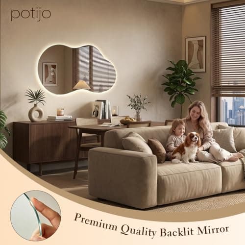 Irregular LED Mirror with Lights 40x24 Inch Backlit Asymmetrical Bathroom Mirrors for Wall Cloud Lighted Vanity Mirrors Shatterproof, Anti-Fog, Dimmable, 3 Colors (Horizontal/Vertical) - Thumbnail 3