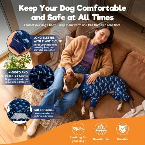 LovinPet Large Dog Outfit, Dog Onesie for Surgery, Large Breed Dog Pajamas, Lightweight Navy Whale Print, Pet Pajamas for Dogs, UV Protection Shirt for Dogs, Pitbull Clothes,Blue, XL - Thumbnail 6