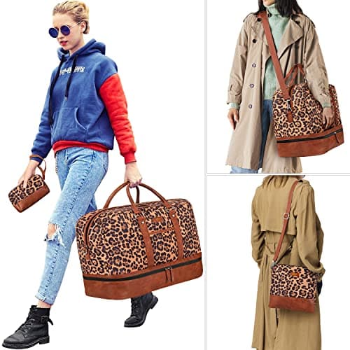 Weekender Bags for Women, Large Overnight Bag Canvas Travel Duffel Bag Carry On Tote with Shoe Compartment 21" 3Pcs Set - Thumbnail 6