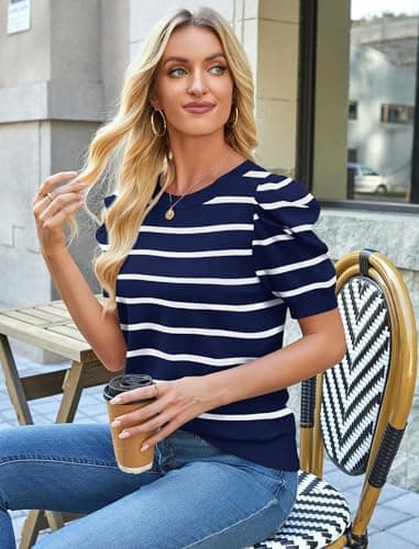 Sampeel Womens Tops Short Sleeve T Shirts Spring Summer Women's Clothing Cruise 2026 Ladies Tops and Blouses Business Casual Outfits Loose Fit Plus Size Sweater Striped Navy Blue 2XL - Thumbnail 4