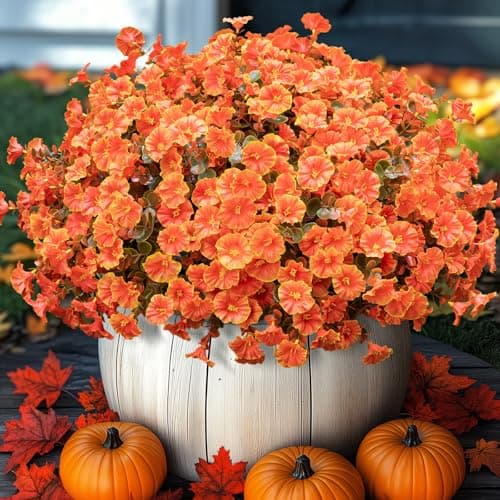 Nigirior Artificial Fake Mums for Outdoor 16 Bundles Fall Orange Morning Glory for Halloween Decorations - Image 1