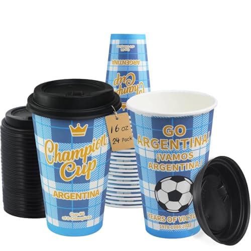 Sowinvent 16 oz Champion Cup A Salute To Argentina, 3-Time World Soccer Champion, 24 Sets Disposable Paper Party Cups with Lids for Fan Event Decorations Game-Day Festival, ¡VAMOS ARGENTINA 2026 - Image 1