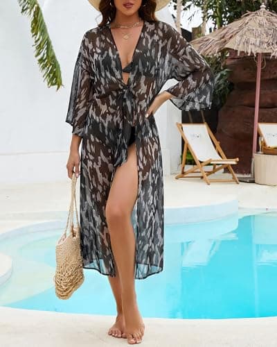 Bsubseach Long Kimonos for Women Sheer Tie Front Relaxed Flared Sleeve Kimono Cardigans Swimsuit Coverup Vacation Outfits Black Leopard M - Thumbnail 2