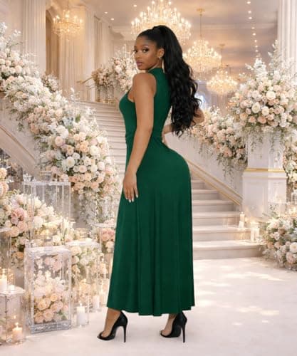 Deep V Neck Button Down Dress for Women Sleeveless Collared High Split Long Shirt Dresses Cocktail Wedding Party Maxi Dress Green 2XL - Thumbnail 3