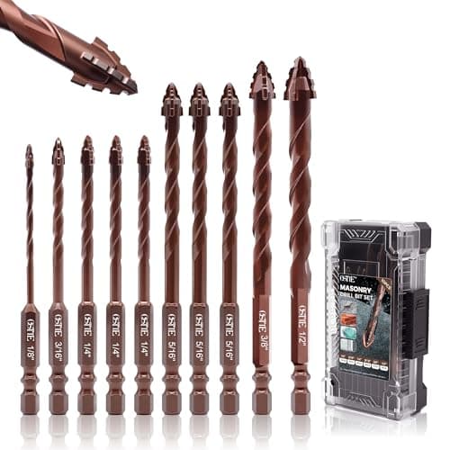 Masonry Drill Bit Set 10 Pcs (1/8"-1/2"), Four Blade Serrated Eccentric YG6T Carbide Drill Bits for Concrete, Cement, Brick, Tile, Marble, Glass and Wood, 1/4" Hex Shank, with Storage Case, Brown