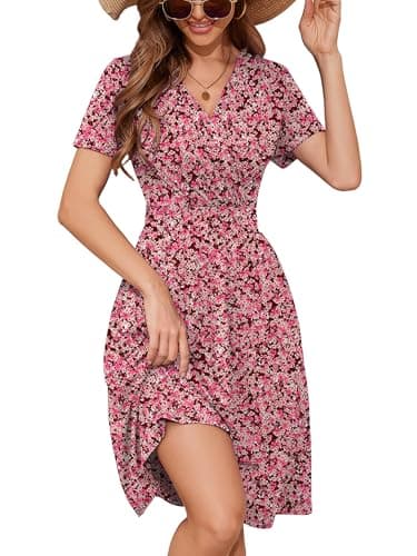Heymoments Women's Summer Comfy Swing Sundress Gray Crushed Flowers XX-Large Short Sleeve Casual Midi Dress Wrap V Neck A-Line Classy Beach Vacation Teacher Dresses with Pockets - Image 1