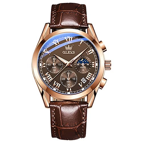 OLEVS Mens Watches Casual Brown Leather Mens Watch Rose Gold Analog Waterproof Chronograph Watch for Men Classic Vintage Quartz Date Moon Phase Men's Wrist Watches Reloj para Hombre - Image 1
