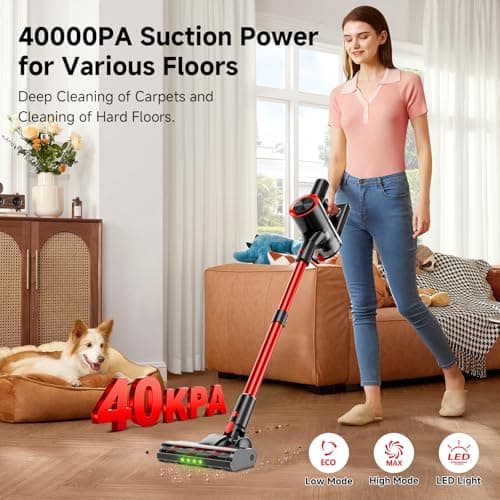 Clinkal Cordless Stick Vacuum Cleaner, 40Kpa Powerful Suction Vacuum Cleaner with LED Headlight, Detachable Battery, 8-in-1 Lightweight Handheld Vacuums for Pet Hair Carpet and Hardwood Floor, Red - Thumbnail 2