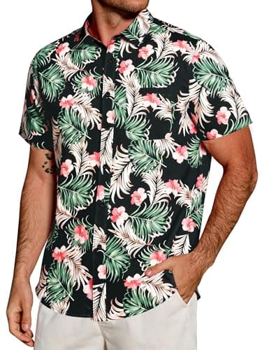 JEMLDL Men's Hawaiian Short Sleeve Button Down Shirt Wrinkle-Free Lightweight Clothing Hibiscus Palm Tropical Vacation Black Red Green Floral Small - Image 1