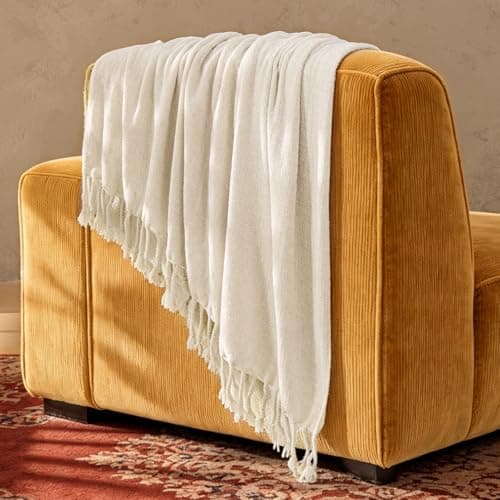 BEDELITE Chenille Throw Blanket for Couch and Sofa, Soft Cozy Knit Blanket, Warm Lightweight, Breathable All Season, Farmhouse Boho Fringe Throw, 50"x60", Cream