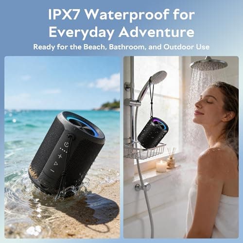 DUDGSIS Portable Bluetooth Speaker, IPX7 Waterproof Wireless Speaker with 20W Loud Stereo Sound, 15H Playtime & Beat-Synced RGB Light, Small Outdoor Speaker for Shower, Pool, Beach, Hiking and Gifts - Thumbnail 6